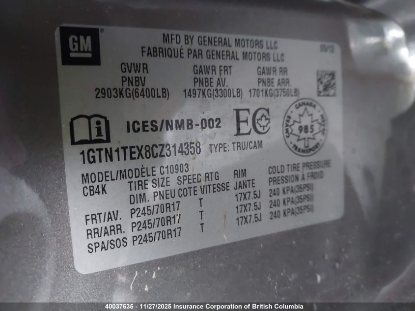 2012 GMC Sierra C1500 VIN: 1GTN1TEX8CZ314358 Lot: 40037635