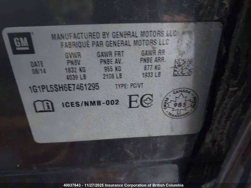 2014 Chevrolet Cruze VIN: 1G1PL5SH6E7461295 Lot: 40037643