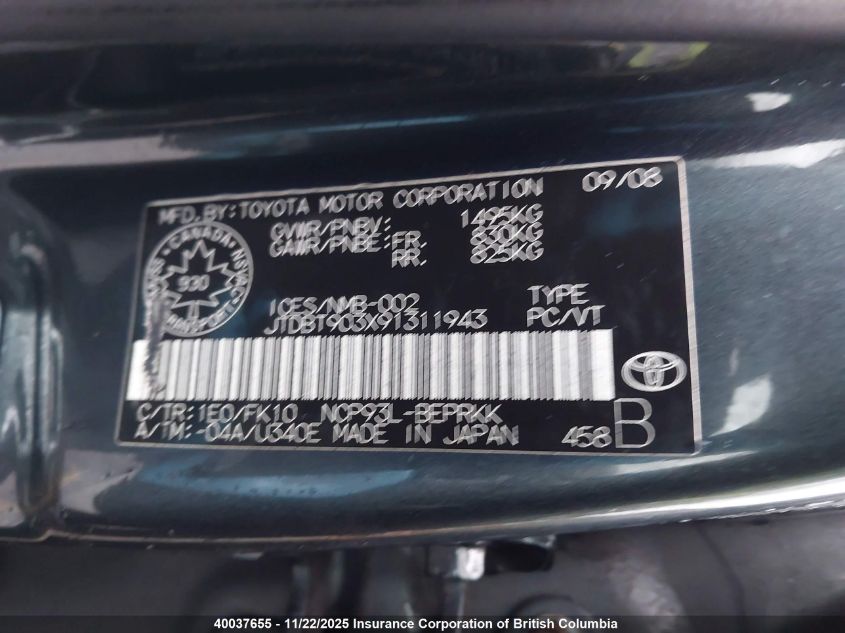 2009 Toyota Yaris VIN: JTDBT903X91311943 Lot: 40037655