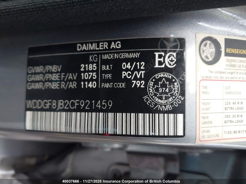 2012 Mercedes-Benz C 350 4Matic VIN: WDDGF8JB2CF921459 Lot: 40037666