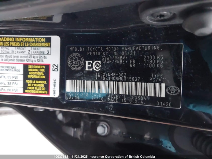 4T1B21HK6MU015837 2021 TOYOTA CAMRY photo no. 9