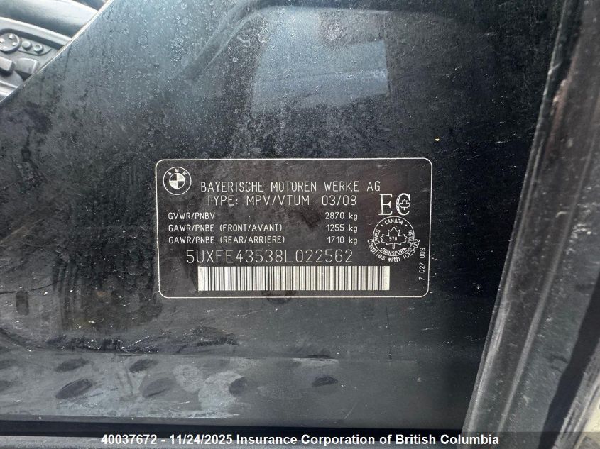 2008 BMW X5 VIN: 5UXFE43538L022562 Lot: 40037672