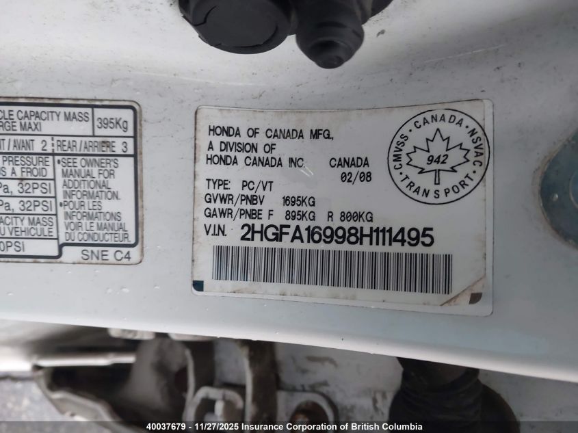 2008 Honda Civic VIN: 2HGFA16998H111495 Lot: 40037679