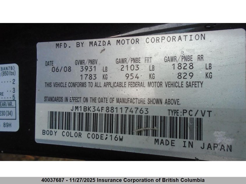 2008 Mazda 3 I VIN: JM1BK34F881174763 Lot: 40037687