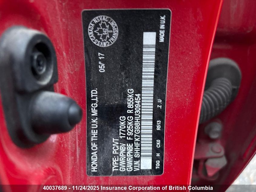 2017 Honda Civic VIN: SHHFK7G98HU309454 Lot: 40037689