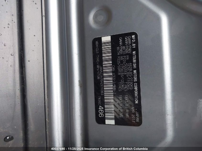 2017 Mitsubishi Outlander Es VIN: JA4AZ2A35HZ610363 Lot: 40037690