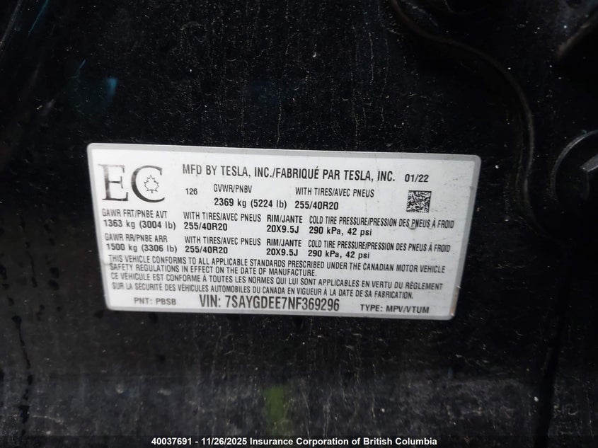 7SAYGDEE7NF369296 2022 TESLA MODEL Y photo no. 9