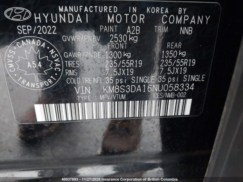 2022 Hyundai Santa Fe Sel Premium VIN: KM8S3DA16NU058334 Lot: 40037693