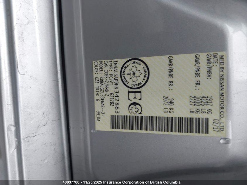 2017 Nissan Altima 2.5/S/Sv/Sl/Sr VIN: 1N4AL3AP9HN342883 Lot: 40037700