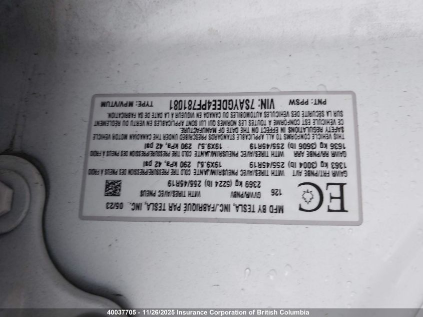 2023 Tesla Model Y VIN: 7SAYGDEE4PF781081 Lot: 40037705