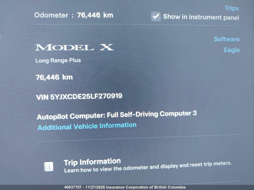 2020 Tesla Model X Awd/Standard Range VIN: 5YJXCDE25LF270919 Lot: 40037707