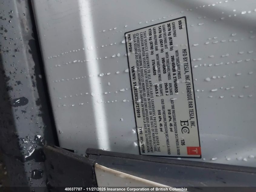 2020 Tesla Model X Awd/Standard Range VIN: 5YJXCDE25LF270919 Lot: 40037707