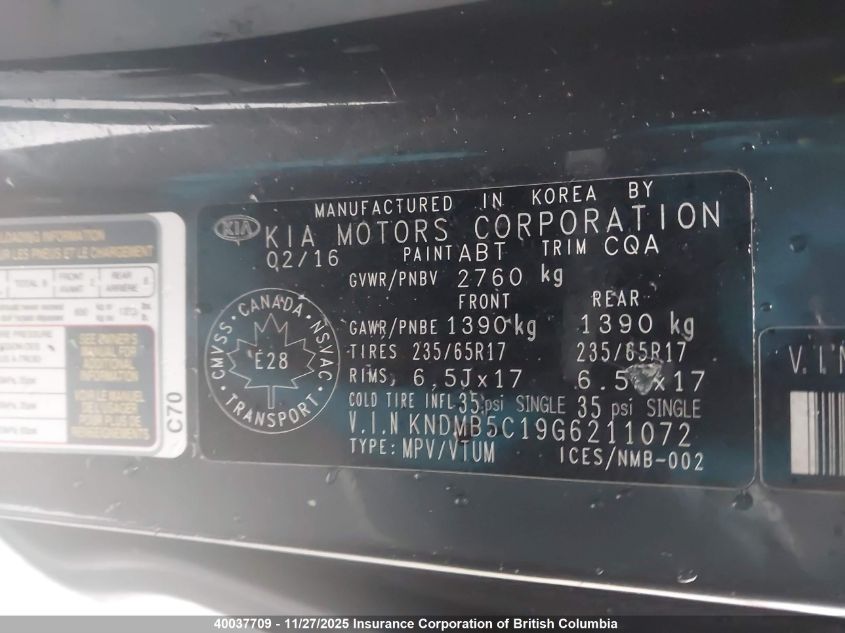 2016 Kia Sedona Lx VIN: KNDMB5C19G6211072 Lot: 40037709