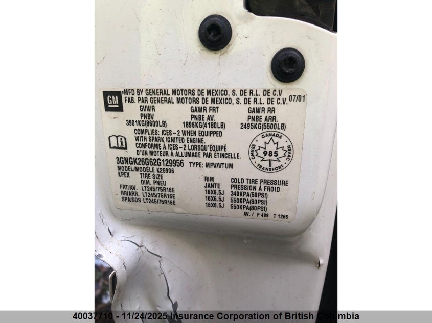 2002 Chevrolet Suburban K2500 VIN: 3GNGK26G62G129956 Lot: 40037710