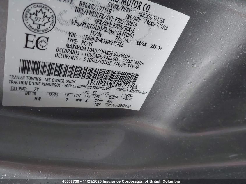 2008 Ford Focus VIN: 1FAHP35N28W271466 Lot: 40037730