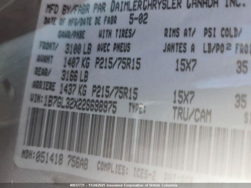 2002 Dodge Dakota Sport/Rt VIN: 1B7GL32X22S698975 Lot: 40037731