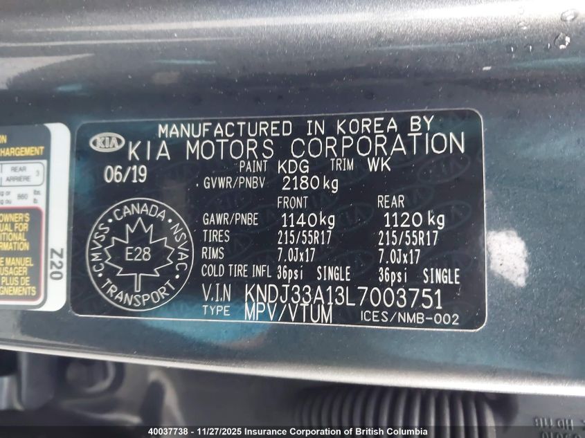 2020 Kia Soul VIN: KNDJ33A13L7003751 Lot: 40037738