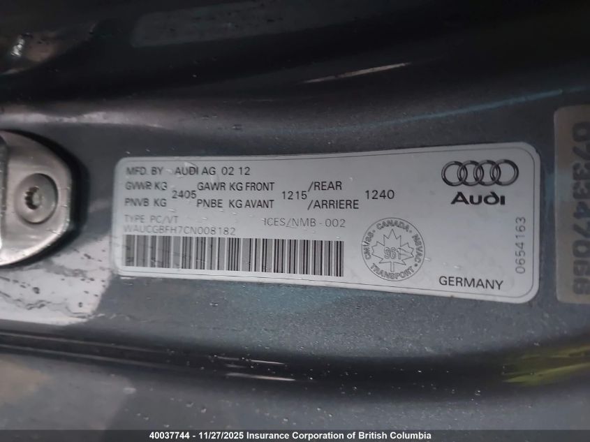 2012 Audi S5 VIN: WAUCGBFH7CN008182 Lot: 40037744