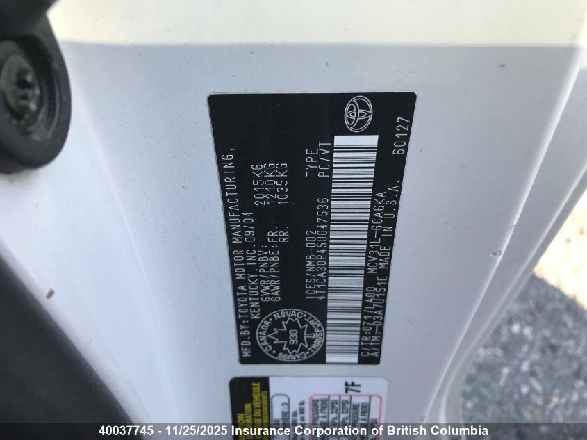 2005 Toyota Camry VIN: 4T1CA30P45U047536 Lot: 40037745