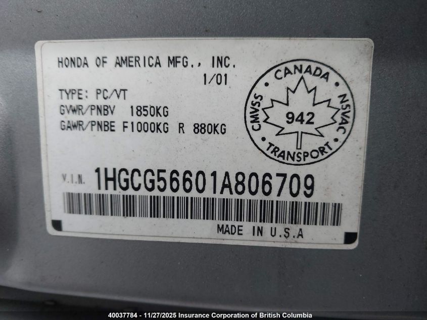 2001 Honda Accord Ex VIN: 1HGCG56601A806709 Lot: 40037784