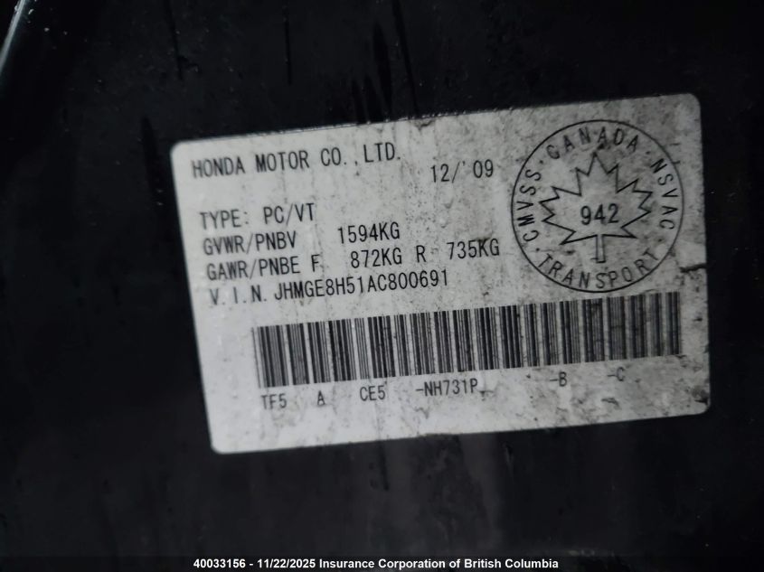 2010 Honda Fit Lx VIN: JHMGE8H51AC800691 Lot: 40033156