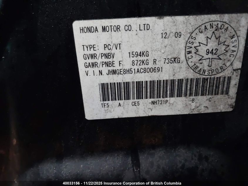 2010 Honda Fit Lx VIN: JHMGE8H51AC800691 Lot: 40033156