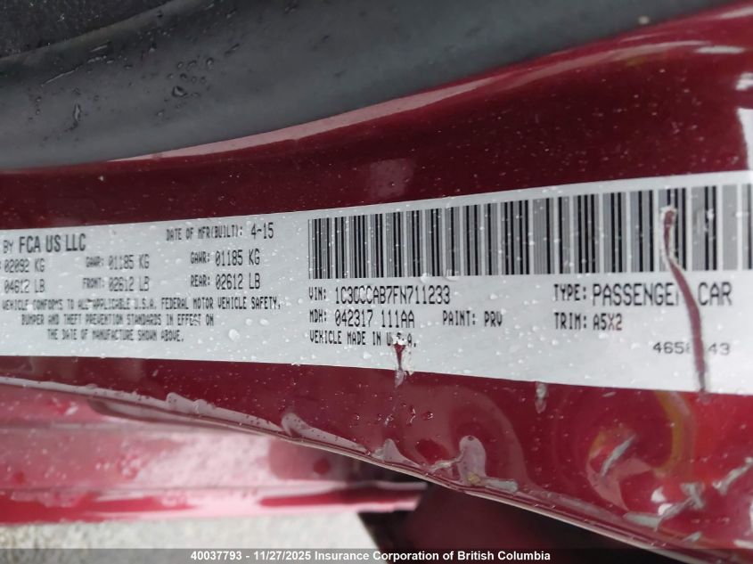 2015 Chrysler 200 VIN: 1C3CCCAB7FN711233 Lot: 40037793