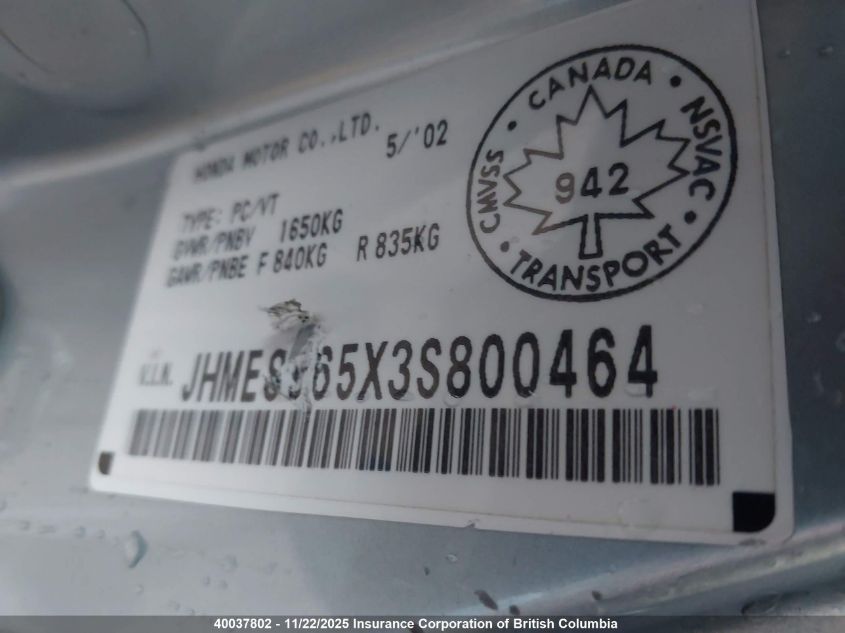 2003 Honda Civic VIN: JHMES965X3S800464 Lot: 40037802