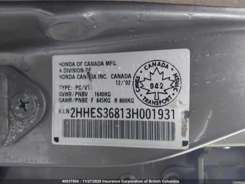 2003 Acura 1.7El Premium VIN: 2HHES36813H001931 Lot: 40037804