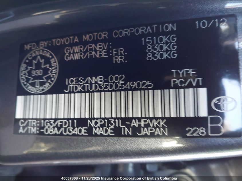 2013 Toyota Yaris VIN: JTDKTUD35DD549025 Lot: 40037808