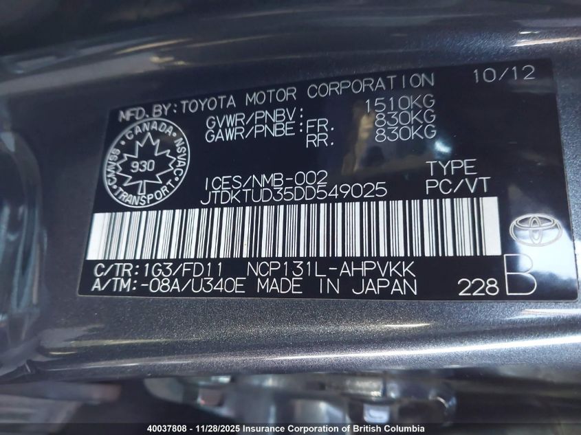 2013 Toyota Yaris VIN: JTDKTUD35DD549025 Lot: 40037808