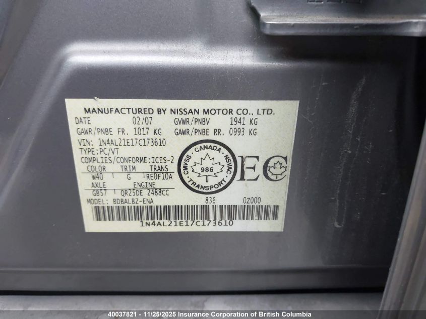 2007 Nissan Altima 2.5/2.5S VIN: 1N4AL21E17C173610 Lot: 40037821