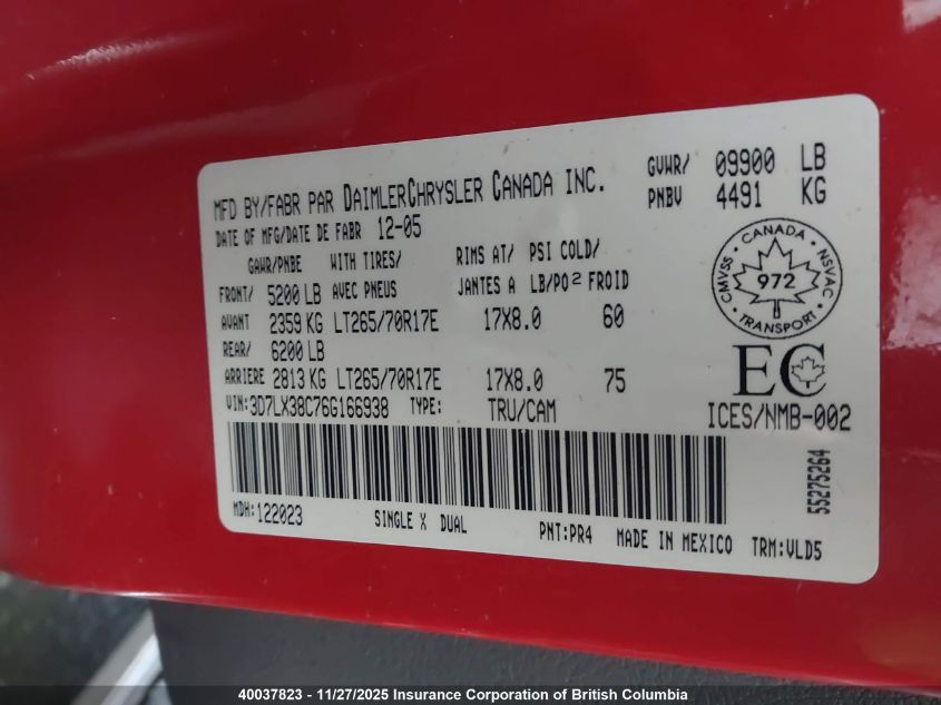 2006 Dodge Ram 3500 St/Slt VIN: 3D7LX38C76G166938 Lot: 40037823