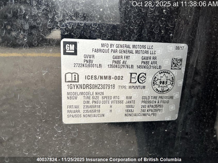 2017 Cadillac Xt5 VIN: 1GYKNDRS0HZ307918 Lot: 40037824