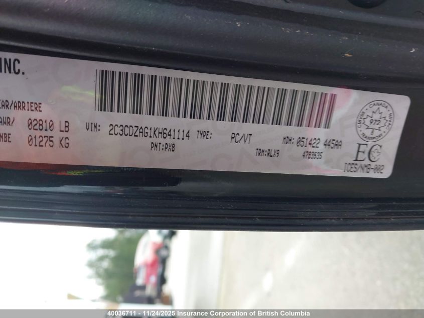 2019 Dodge Challenger Sxt VIN: 2C3CDZAG1KH641114 Lot: 40036711