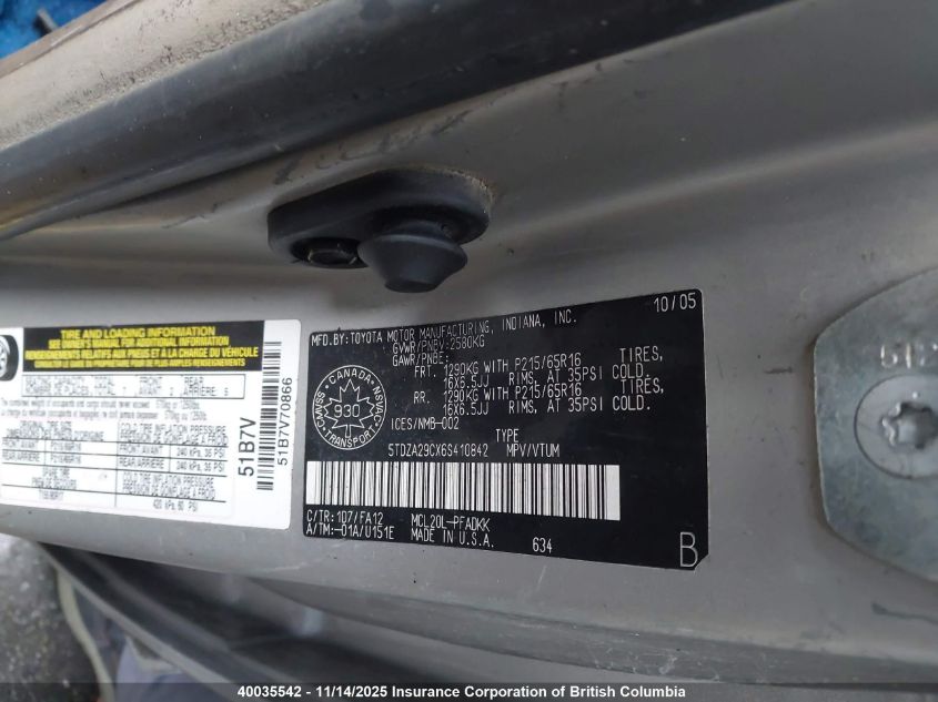 2006 Toyota Sienna Ce VIN: 5TDZA29CX6S410842 Lot: 40035542