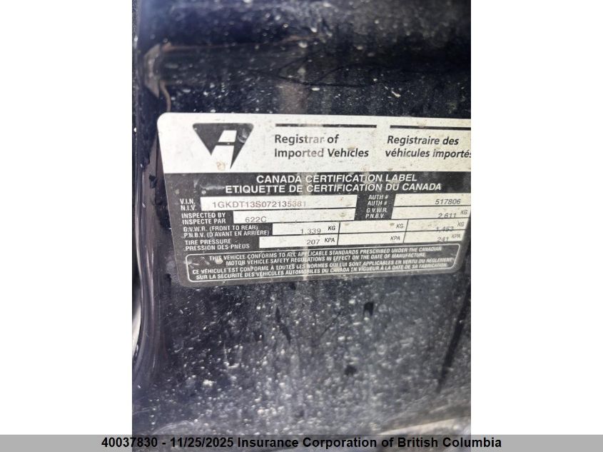 2007 GMC Envoy VIN: 1GKDT13S072135381 Lot: 40037830