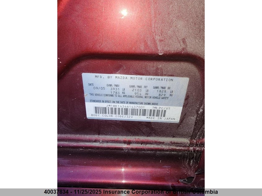 2006 Mazda 3 Hatchback VIN: JM1BK143461437001 Lot: 40037834