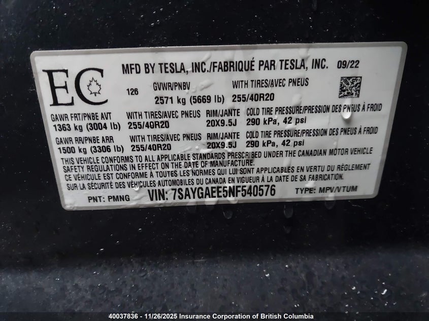 2022 Tesla Model Y VIN: 7SAYGAEE5NF540576 Lot: 40037836