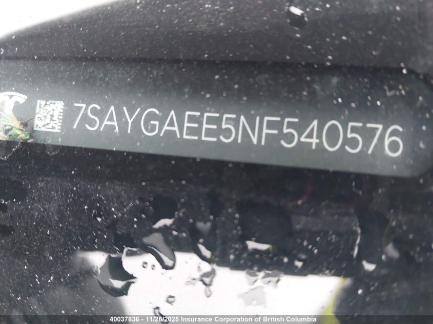 2022 Tesla Model Y VIN: 7SAYGAEE5NF540576 Lot: 40037836