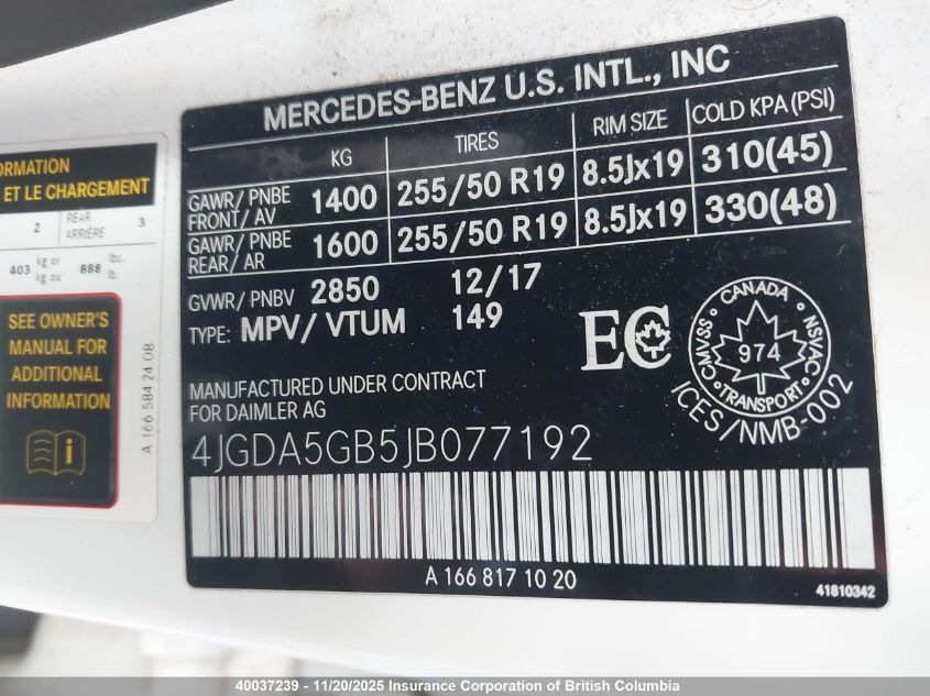 2018 Mercedes-Benz Gle 400 4Matic VIN: 4JGDA5GB5JB077192 Lot: 40037239