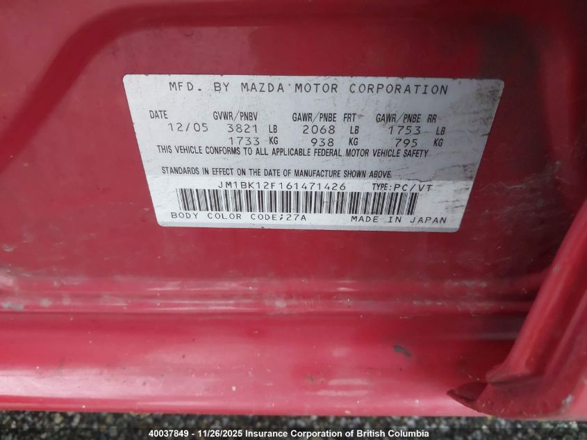2006 Mazda 3 I VIN: JM1BK12F161471426 Lot: 40037849