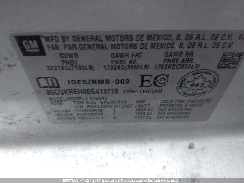 2014 Chevrolet Silverado K1500 Lt VIN: 3GCUKREH0EG413778 Lot: 40037852