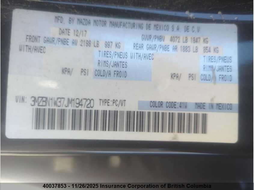 2018 Mazda 3 Grand Touring VIN: 3MZBN1W37JM194720 Lot: 40037853
