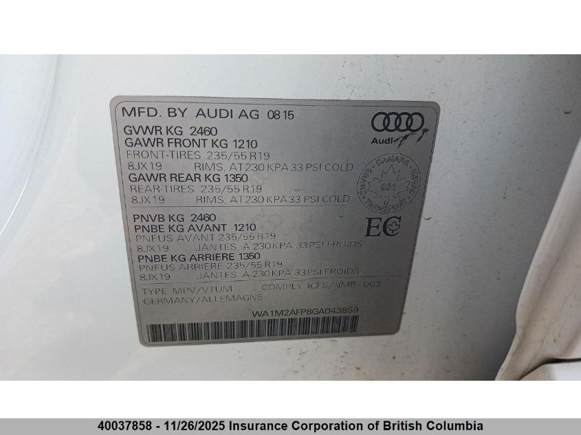 2016 Audi Q5 VIN: WA1M2AFP8GA043859 Lot: 40037858