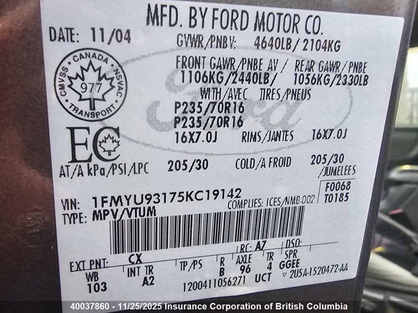 1FMYU93175KC19142 2005 FORD ESCAPE photo no. 6