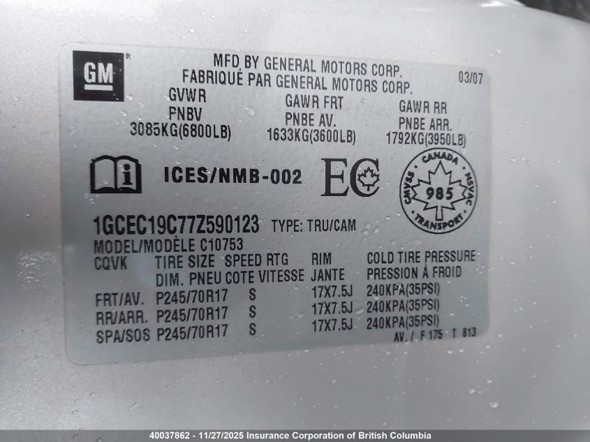 2007 Chevrolet Silverado C1500 VIN: 1GCEC19C77Z590123 Lot: 40037862