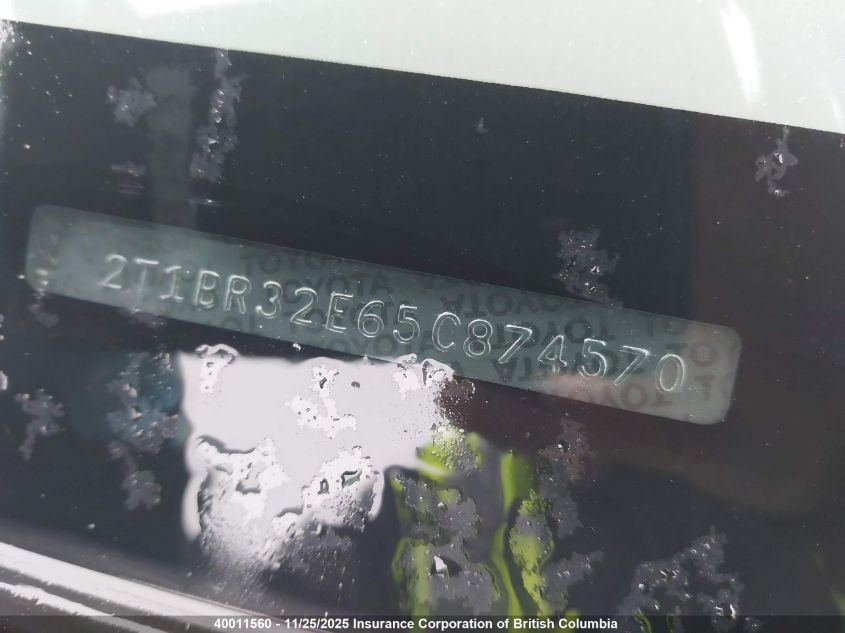 2005 Toyota Corolla Ce/Le/S VIN: 2T1BR32E65C874570 Lot: 40011560