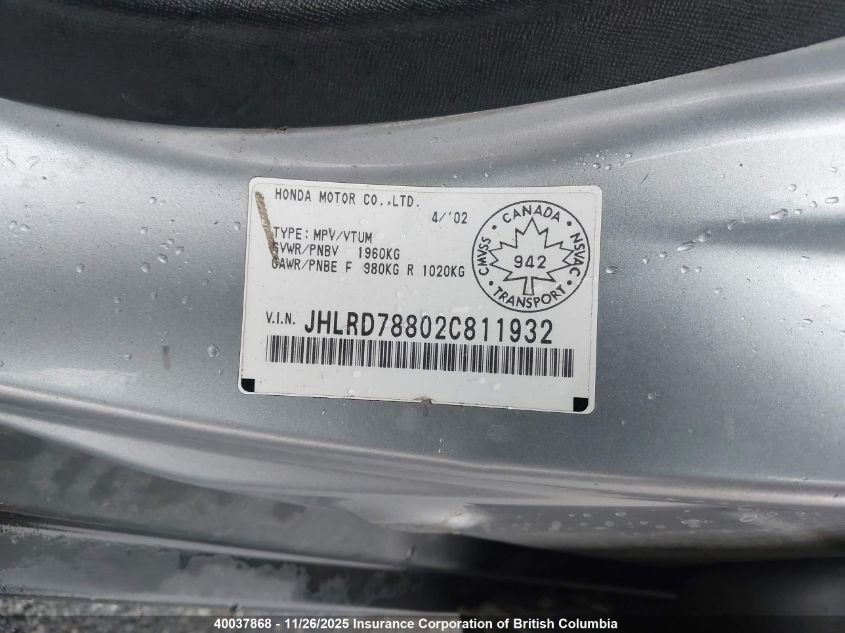 2002 Honda Cr-V VIN: JHLRD78802C811932 Lot: 40037868