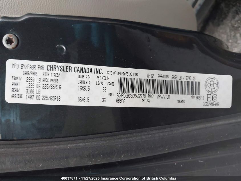 2012 Dodge Grand Caravan Se VIN: 2C4RDGBG9CR422079 Lot: 40037871